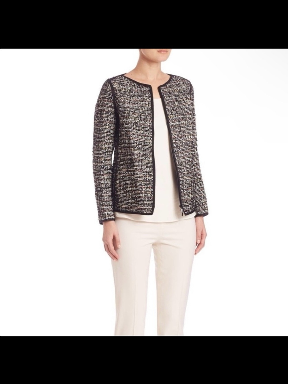 Lafayette 148 New York Black and White Tweed Collarless Two Way Zip Jacket | L
